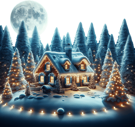 a landscape with santa's house on the left, pines with chistmas lights, snow, at night Background image. 2d. High contrast.