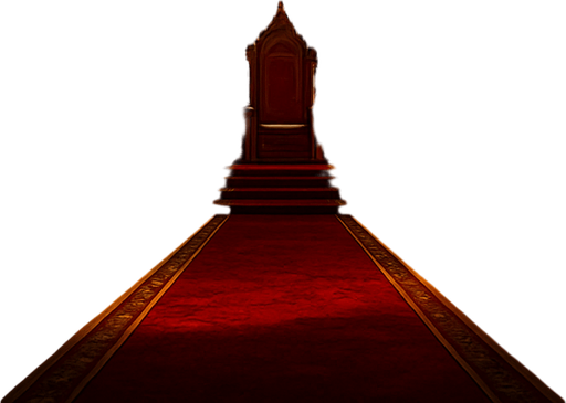 A massive medieval throne hall with golden chandeliers, crimson carpets, high arched ceilings, stained-glass windows casting colored light, majestic and solemn, realistic.
In-Game asset.  2d.  High contrast.  No shadows