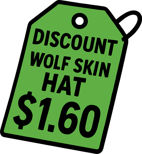 green price tag that says discount wolf skin hat $1.60.
In-Game asset.  2d.  High contrast.  No shadows
