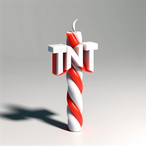 a photo-realistic white and red twisted candy stick slice in vertical position and with an extinguished wick. At its center, a simple white rectangular "TNT" sticker in the same direction as the stick Single Game Texture. In-Game asset. 2d. Blank background. High contrast. No shadows.