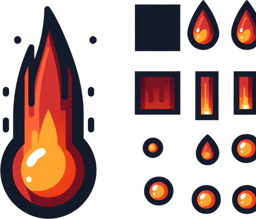 A sprite sheet of energy projectiles. Dark orange projectiles tear shaped with yellow energy core.
Single Game Texture. In-Game asset. 2d. Blank background. High contrast. No shadows.