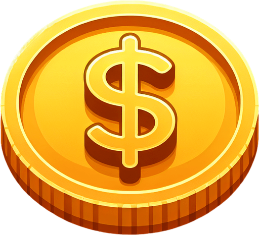 Gold coin with dollar sign.
Single Game Texture.  In-Game asset.  2d.  Blank background.  High contrast.  No shadows