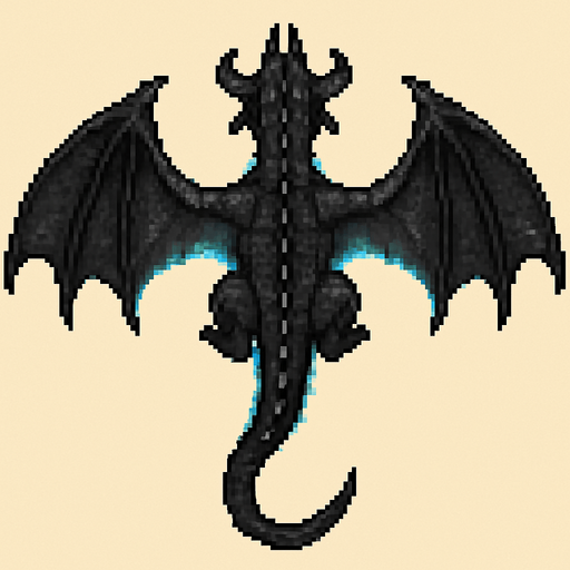 “Pixel art dragon viewed from top-down, with wide leathery wings fully spread, long tail, visible back ridges and horns. Dark grey or black scales, subtle blue flame glow under the wings and spine, menacing but organic design. Sized to carry a small goblin rider on its back. 2D video game asset, fantasy themed.”.
In-Game asset.  2d.  High contrast.  No shadows.
In-Game asset.  2d.  High contrast.  No shadows