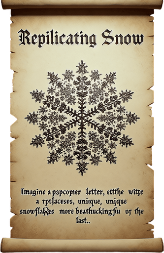 a pergament letter with the name "Replicating Snow". It has a cloud with replicating snowflakes on it. vertical. Single Game Texture. In-Game asset. 2d. Blank background. High contrast. No shadows.
