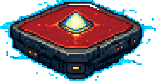 Mechanical floating platform, red metal surface with glowing energy core, sci-fi futuristic design, sleek metallic texture, blue energy particles or trails around edges, hovering effect, technological appearance with small lights or circuits, 2D pixel art style, side view, transparent background.
In-Game asset.  2d.  High contrast.  No shadows