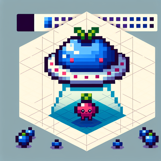 8-bit pixelated isometric blueberry-shaped UFO with a cute fruit inside.
Single Game Texture. In-Game asset. 2d. Blank background. High contrast. No shadows.