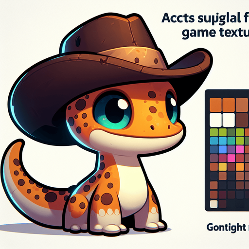 cartoon gecko with a cowboy hat.
Single Game Texture. In-Game asset. 2d. Blank background. High contrast. No shadows.