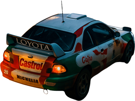 Photorealistic TOTOYA Rallycar in nightlight, drone topview from back and 45 degrees angle in top right corner