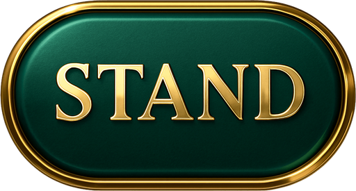 Crea un asset visual para el botón 'STAND' (Plantarse) para la mesa de Blackjack de lujo.

Objetivo: Un botón claro y elegante que permita al jugador finalizar su turno, coherente con la opulencia del casino.

Diseño:

Forma: Óvalo o rectángulo con bordes suaves, prominente y fácil de pulsar.

Texto Central: La palabra 'STAND' (o 'PLANTARSE') en mayúsculas, con tipografía audaz, limpia y elegante de casino.

Color: Base en un color que contraste con 'HIT' y 'DEAL' pero mantenga la elegancia. Considera un verde esmeralda profundo o un azul zafiro, con acabado metálico o pulido.

Borde: Un borde brillante en dorado o plateado.

Efectos (si Upit lo permite):

Sutil efecto de relieve o biselado para darle profundidad.

Un ligero brillo o resplandor que lo haga destacar.

Textura que simule metal pulido o un material lujoso.

Fondo: Asset independiente con fondo transparente.

Sensación: Debe transmitir decisión, control y la profesionalidad del juego..
In-Game asset.  2d.  High contrast.  No shadows