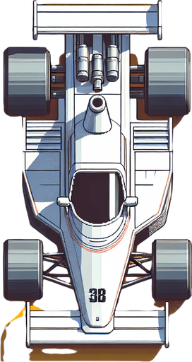 top down view of white racing car.
Single Game Texture.  In-Game asset.  2d.  Blank background.  High contrast.  No shadows