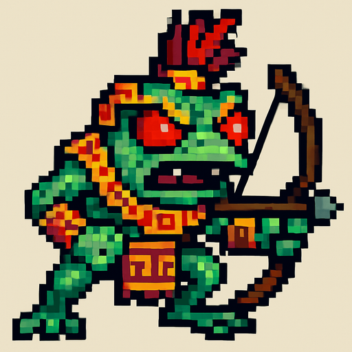 Genérame una Rana de Cristal  guerrero azteca con eso patrones, estilo pixelar, con una apariencia maligna, ojos rojos, rabioso. Unidad a distancia, con un arco o cerbatana. Animal.
In-Game asset.  2d.  High contrast.  No shadows
