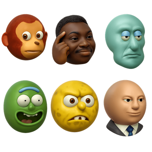 sprite sheet of famous modern meme faces of Looking back awkward monkey puppet,
Think black Guy,
Chad Squidword,
pickle rick, spongebob unga bunga, 
Stonks. each face shaped as a round marble shaped face made in blender 3D
