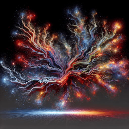 A branching pattern like lightning or cracks, but made of chaotic, multi-colored energy. Could also be a visual of one chaotic explosion triggering others nearby..
Single Game Texture.  In-Game asset.  2d.  Blank background.  High contrast.  No shadows