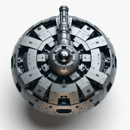 Top view (zenith view) of a simple futuristic spherical defense drone with a central top canon