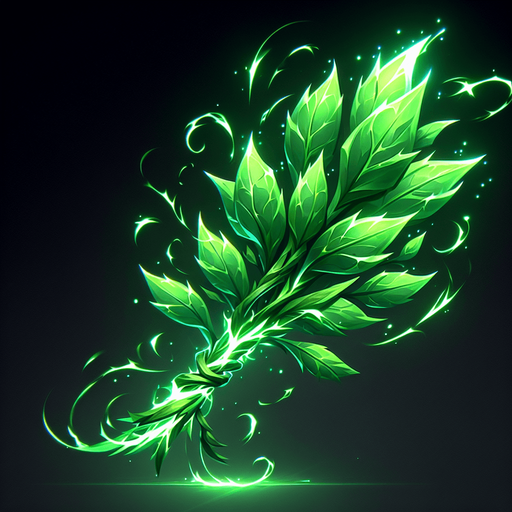 A bundle of glowing green herbs tied together, or a single stylized leaf with potent green light radiating from its veins..
Single Game Texture.  In-Game asset.  2d.  Blank background.  High contrast.  No shadows