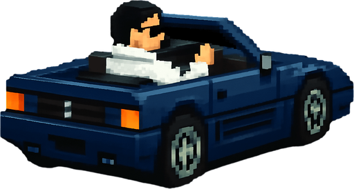 The hair color of the driver is black and he wears a futuristic white jacket. The car is dark blue