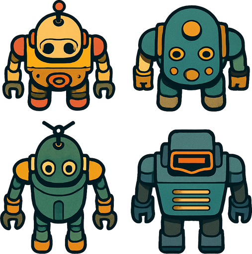 Robot algo viejos vistos desde arriba.
In-Game asset.  2d.  High contrast.  No shadows