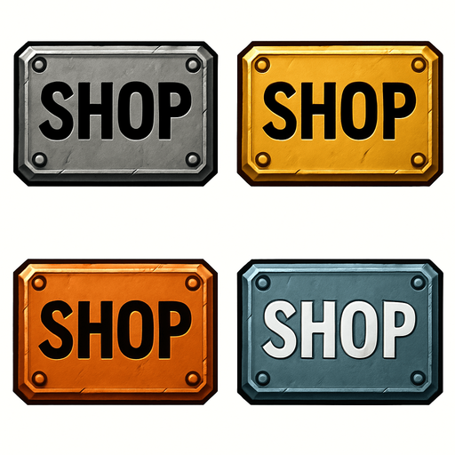 Different shop buttons of metal, metal rectangles
In-Game asset.  2d.  High contrast.  No shadows
