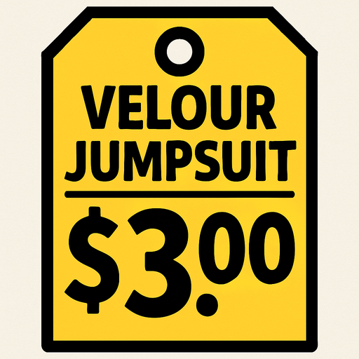 Price tag that says velour jumpsuit $3.00.
In-Game asset.  2d.  High contrast.  No shadows