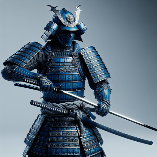 blue armored samurai with long katana.
Single Game Texture.  In-Game asset.  Blank background.  High contrast.  No shadows