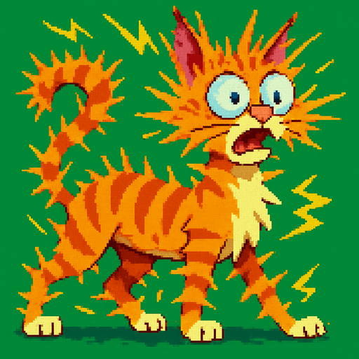 El mudo gato con el mismo estilo pero electrocutado con fondo verde