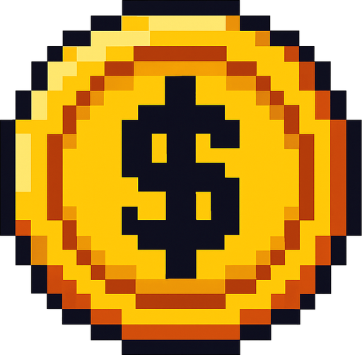 pixel bir coin, üstünde dolar($) işareti var.
In-Game asset.  2d.  High contrast.  No shadows