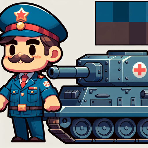 Mario driving a tank.
Single Game Texture.  In-Game asset.  2d.  Blank background.  High contrast.  No shadows