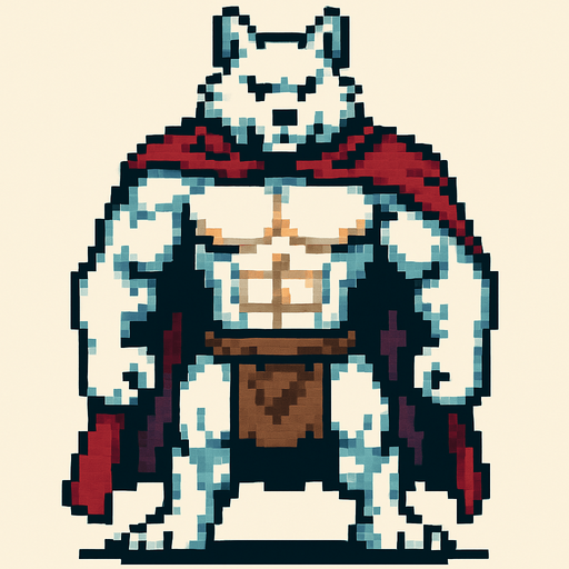 Lobo blanco fuerte revelando sus pectorales pero usando una capa y un taparrabos, que se vea todo su cuerpo y pixelado.
In-Game asset.  2d.  High contrast.  No shadows