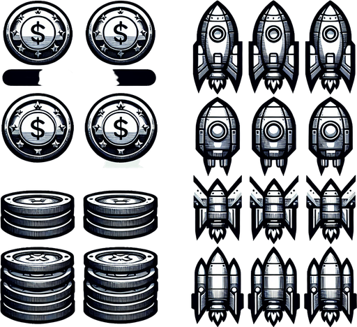 Coins

Rockets.
Single Game Texture. In-Game asset. 2d. Blank background. High contrast. No shadows.