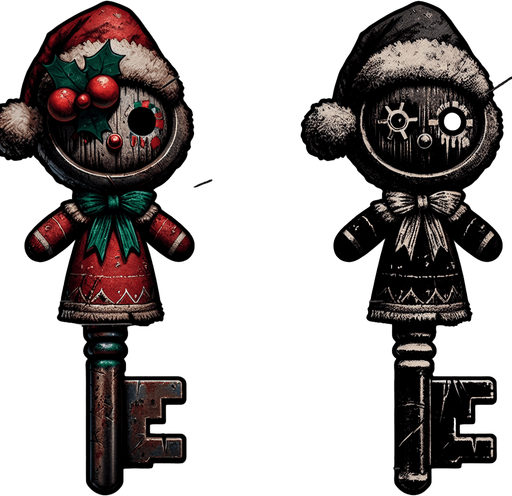 a simple dirty, dark and eerie Christmas doll key.
Single Game Texture. In-Game asset. 2d. Blank background. High contrast. No shadows.