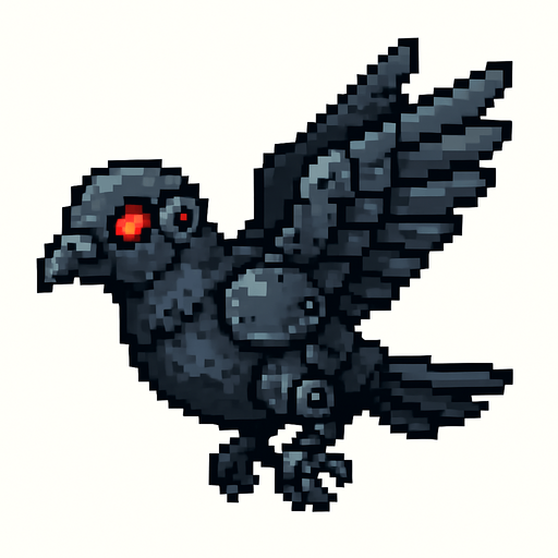 Pixel art of an evil pigeon with robotic parts, red glowing eyes, and tiny armor. Flying pose, side view, 2D pixel sprite for an arcade game.
In-Game asset.  2d.  High contrast.  No shadows