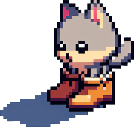 Çizmeli kedi pixel art.
Single Game Texture.  In-Game asset.  2d.  Blank background.  High contrast.  No shadows