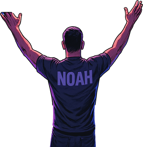A realistic comic book style illustration, 2048x2048. From behind, DJ Noah stands on stage with arms raised, facing a cheering crowd. Neon lights in purples and blues flood the club. Spotlights, smoke, and a dynamic atmosphere. Add a semi-transparent narrator box in the top-left corner with the text: "He once lit up the night with sound..." in elegant comic book font..
In-Game asset.  2d.  High contrast.  No shadows