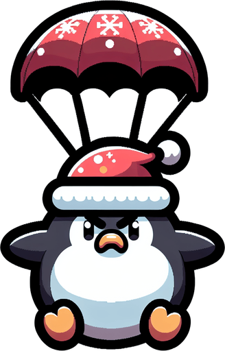 cute chubby angry parachuting penguin wearing a santa hat. pixelated. 8 bit. Single Game Texture. In-Game asset. 2d. Blank background. High contrast. No shadows.