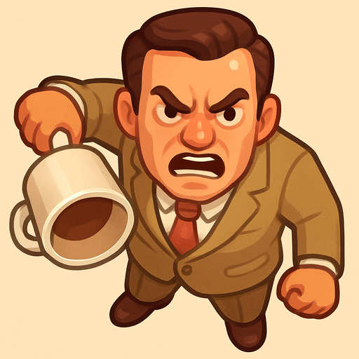 A guy in a leisure suit is 50s holding a large empty coffee cup in his arm facing down, he just threw the coffee at someone. Looks angry as fuck. Cute soft graphics. soft ambient light. semi-matte to satin surfaces. naturalistic with slight saturation boost colors. Tone is premium, friendly, clean with lifestyle or service-oriented appeal.
In-Game asset.  2d.  High contrast.  No shadows. top down. View from above..
In-Game asset.  2d.  High contrast.  No shadows