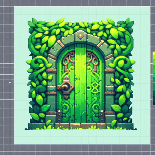 a green door.
Single Game Texture. In-Game asset. 2d. Blank background. High contrast. No shadows.