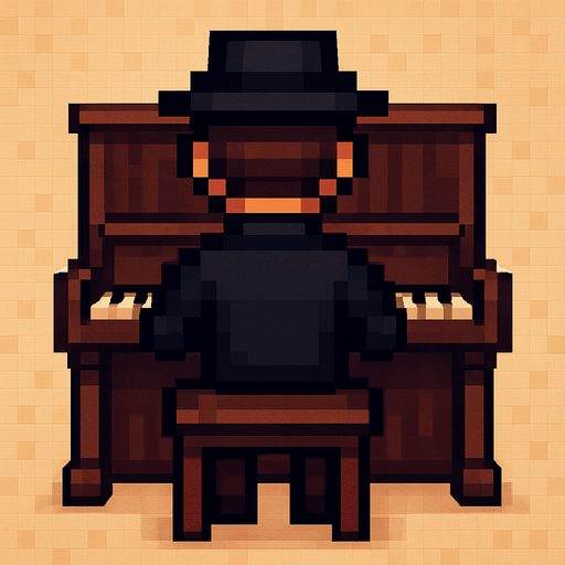 pianist man with hat from behind standing in chair without piano pixel art 2d