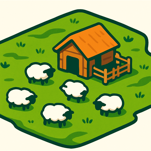 מרעה ירוק עם דיר קטן במרכזו.
In-Game asset.  2d.  High contrast.  No shadows