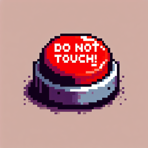 8-bit. cartoon. red button. do not touch! Single Game Texture. In-Game asset. 2d. Blank background. High contrast. No shadows.