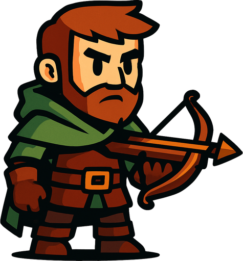Create a game character with a crossbow in hand.
In-Game asset.  2d.  High contrast.  No shadows