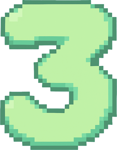 A pixel art number "3" designed for a cozy, cute retro 2D game UI with a bird theme. The number is rendered in soft pastel light green tones to harmonize with the gentle and sweet aesthetic of the game. It has a clean, simple, and rounded pixel style with no harsh edges, fitting perfectly within the pixel art UI style. The number is bold and easily readable at small sizes..
In-Game asset.  2d.  High contrast.  No shadows. pixel art. retro. 2d ui. number. pastel light green. simple. rounded edges. bold. cute. minimal