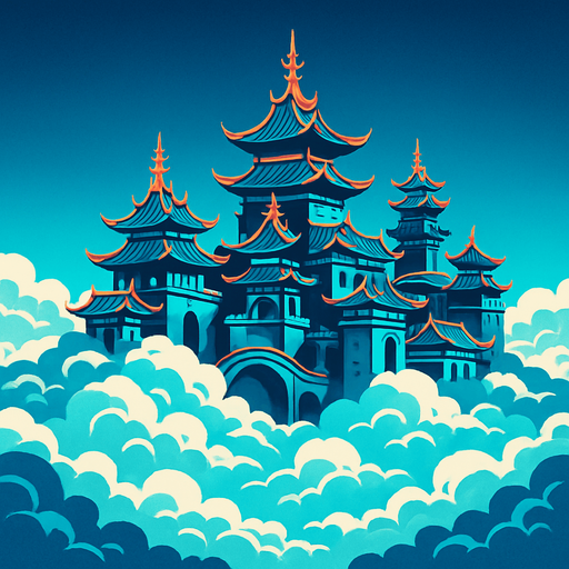 dari jauh terlihat istana langit di atas awan luas versi fantasy china.
In-Game asset.  2d.  High contrast.  No shadows