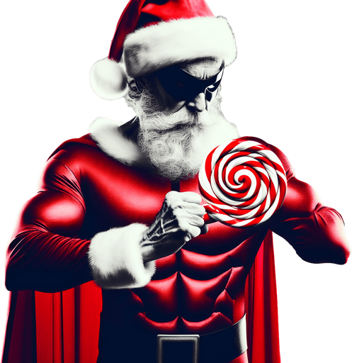 A old super hero Santa Claus holding a candy cane in his hand High contrast.