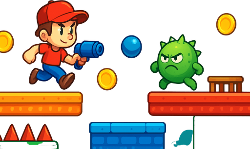 Fullscreen modern App Store landscape banner, 16:9, high definition, for a game titled "Jump & Shoot Adventure" and with the description "Run, jump and shoot through colorful platforms! Defeat enemies with bouncing balls, avoid obstacles, and reach the table to advance levels. You have 10 lives to complete your mission!". No text on banner!