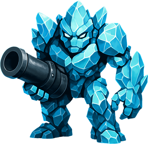 un golem de cristal muy realista con un cañon en la mano.
In-Game asset.  2d.  High contrast.  No shadows