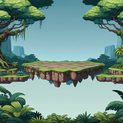 2d platfrom game background with a platform in the middle of the screen all wide resembling a jurassic world.
Single Game Texture.  In-Game asset.  2d.  Blank background.  High contrast.  No shadows