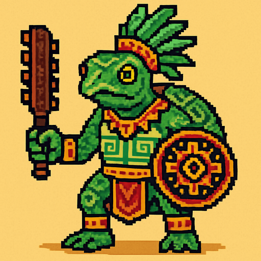 Generame un guerrero azteca con patrones, estilo pixelar, ademas sera un Tortuga de ciénaga colombiana humanoide.
In-Game asset.  2d.  High contrast.  No shadows