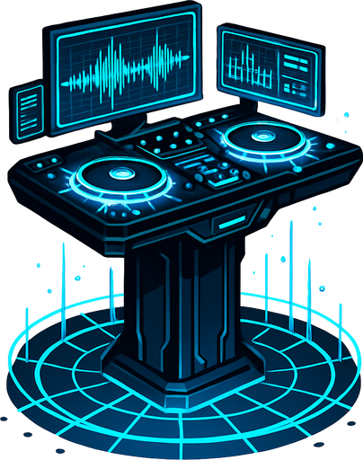 Una torre que es una mesa de DJ futurista y auto-programable, flotando sobre el suelo. Tendría múltiples pantallas holográficas que muestran complejos patrones de ondas sonoras y datos. Los platos serían discos de energía giratorios que emiten luz y chispas, y la torre en sí podría estar rodeada por un campo de fuerza o una rejilla de luz..
In-Game asset.  2d.  High contrast.  No shadows