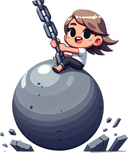 girl sitting on Wrecking Ball, cartoon style..
Single Game Texture. In-Game asset. 2d. Blank background. High contrast. No shadows.