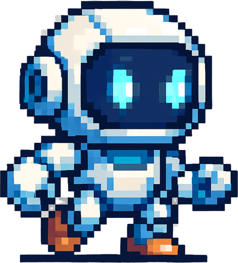 Crea un personaje que sea un robot pequeño y amigable.
Diseño estilo futurista pero tierno, como un asistente robótico.
Que parezca ágil y listo para esquivar bombas.
Estilo píxel art. Fondo transparente..
In-Game asset.  2d.  High contrast.  No shadows